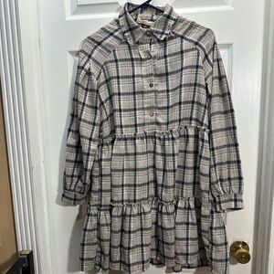 Peach Love California Cream & Navy Plaid Tiered Shirt Dress